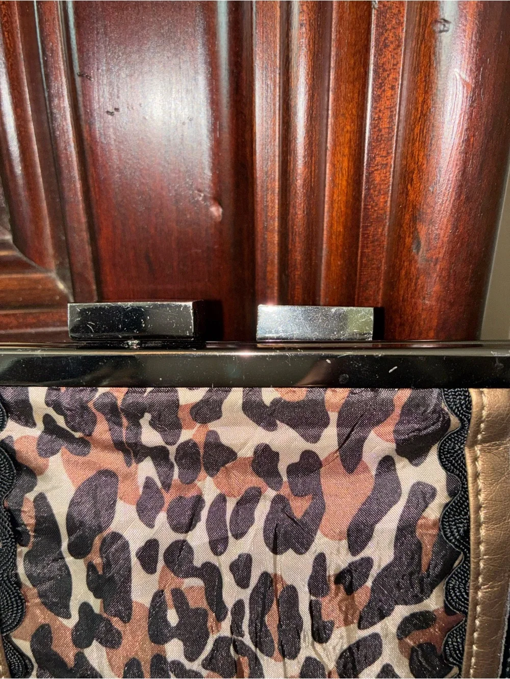 Betsey Johnson Brown Leopard Print Studded Wristlet Clutch with Gold Patch